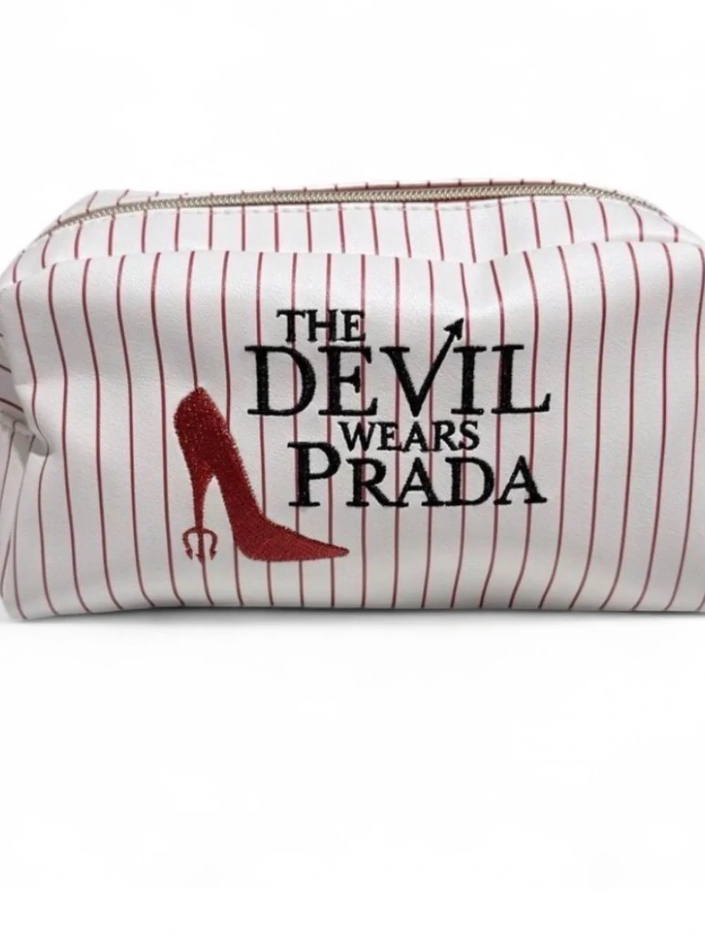 Prada White Cosmetic Pouch with Red Pinstripes and Embroidered Logo